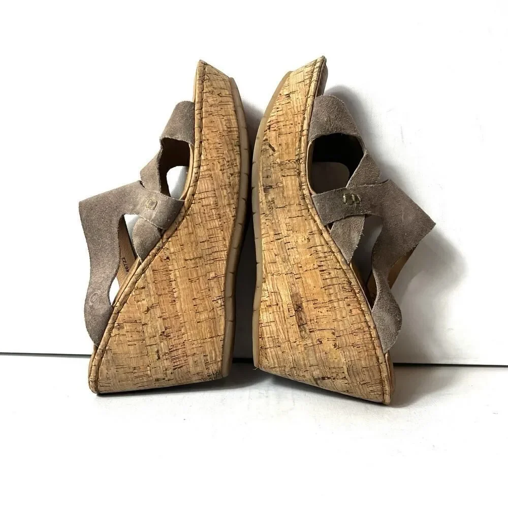 Born Tan Suede Wedge Cork Sandals Womens Sz 11 M Slip On Open Toe Comfort Casual